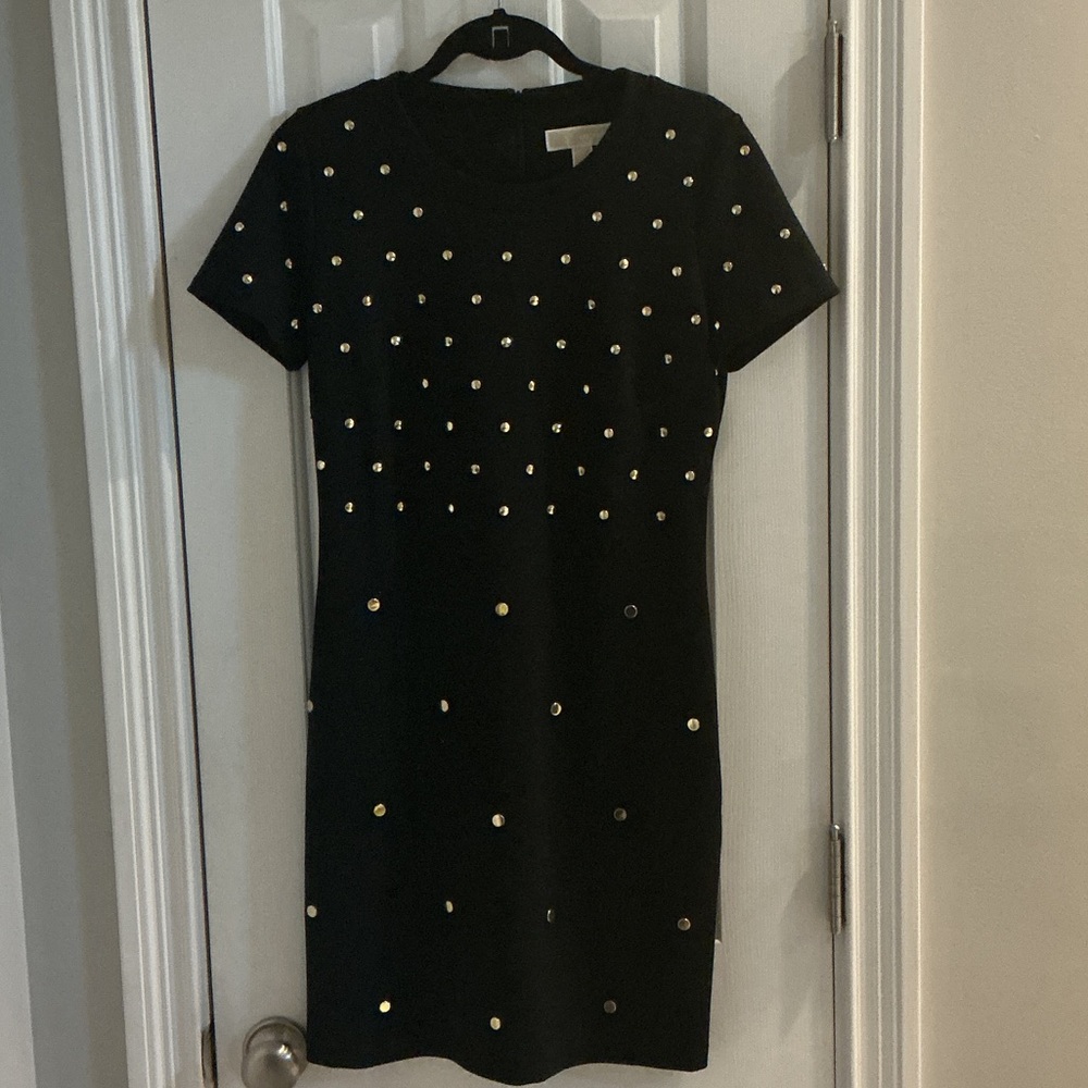 Michael Kors Black Short Sleeve Dress w/ Gold Metal Accents on Front